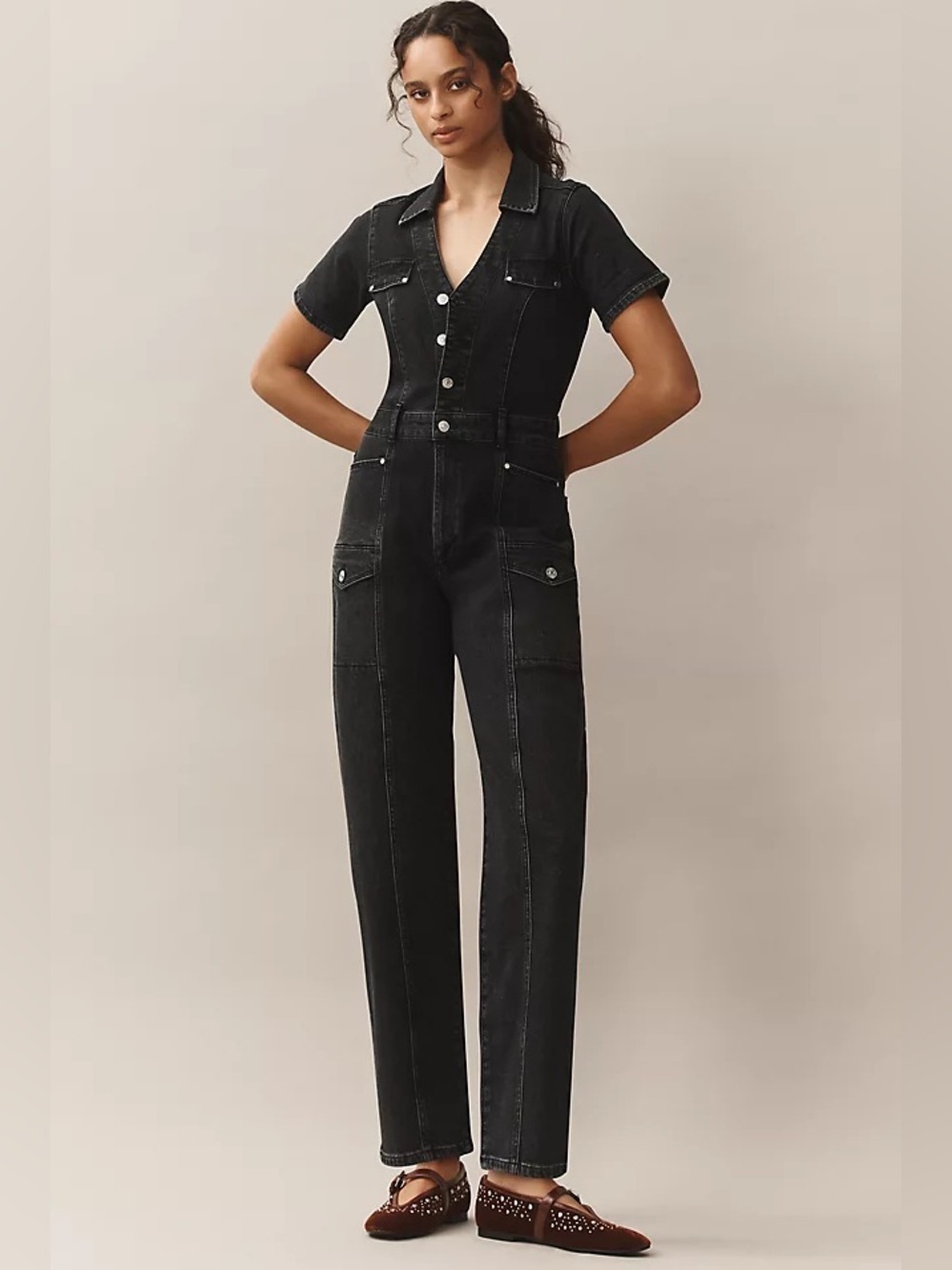 Paige Alexis Barrel Cargo Denim Jumpsuit- Black sz 6